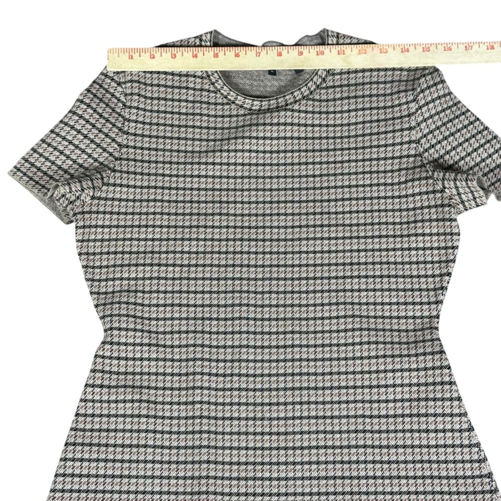 Theory Knit Dress Womens M Tan Black Houndstooth Short Sleeve Crew Neck Tailored - Picture 5 of 7